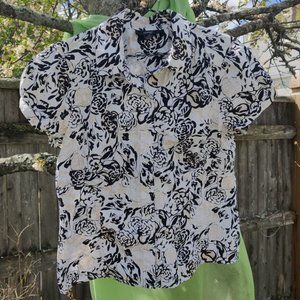 Alfani Womens Black Roses White/ Cream Short Sleeve Button Up top Sz 12
